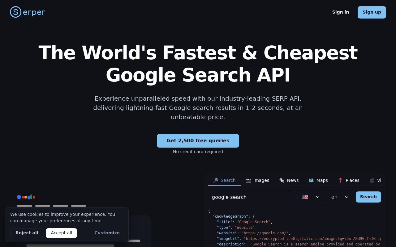 Page de plan et de tarification de l'API SERP gratuite Serper