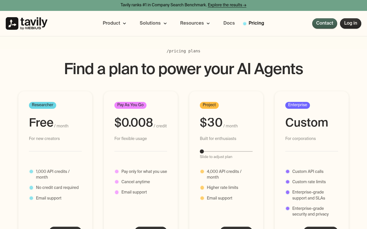 Page de plan et de tarification de l'API SERP gratuite Tavily